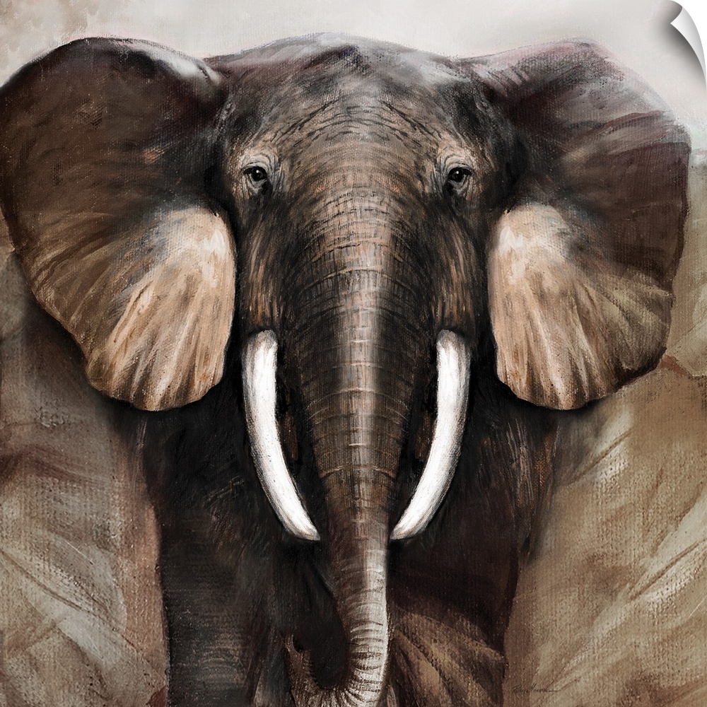 Contemporary painting of an elephant on a square canvas.