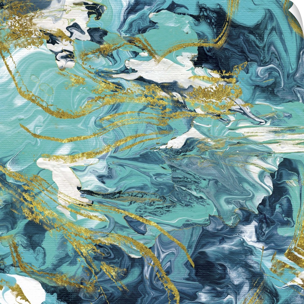 Square marble painting in white, teal, and blue hues with metallic gold highlights.
