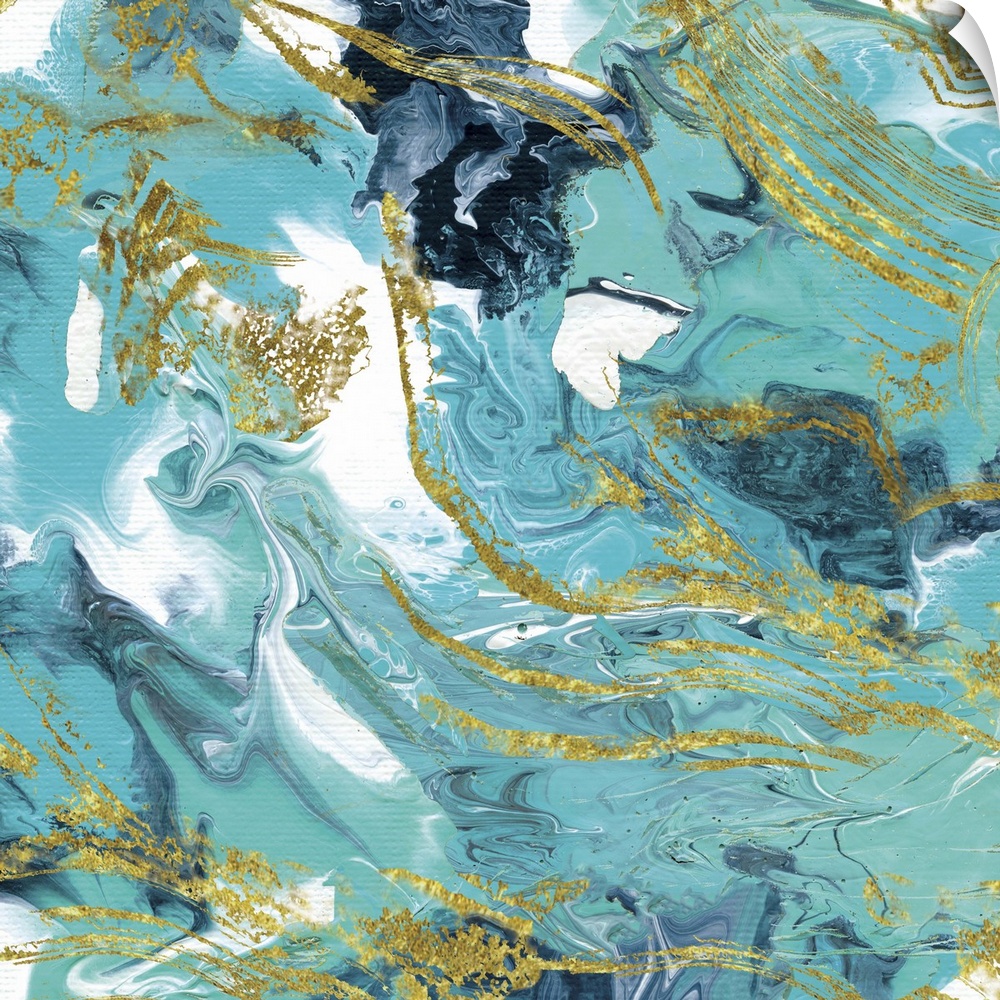 Square marble painting in white, teal, and blue hues with metallic gold highlights.