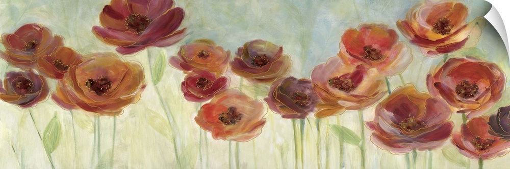Large, wide painting of red and orange poppy flowers in a field with a blue and green background.