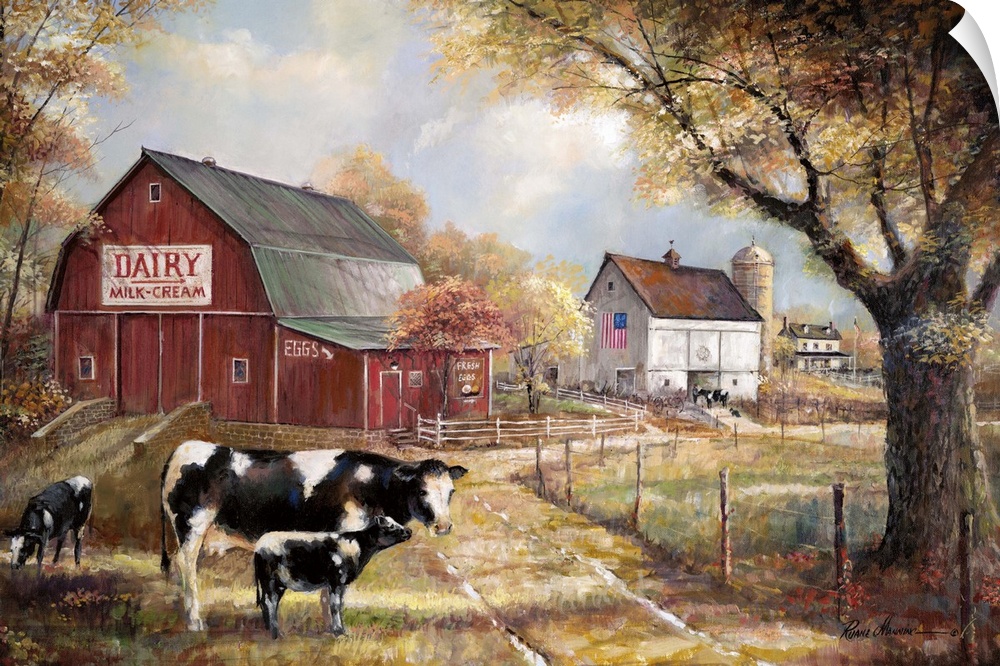 Contemporary painting of a dairy farm with a big red barn and three cows out front on an Autumn day.