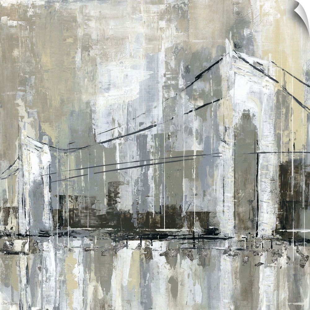 Square abstract painting of a cityscape with a bridge in the foreground.