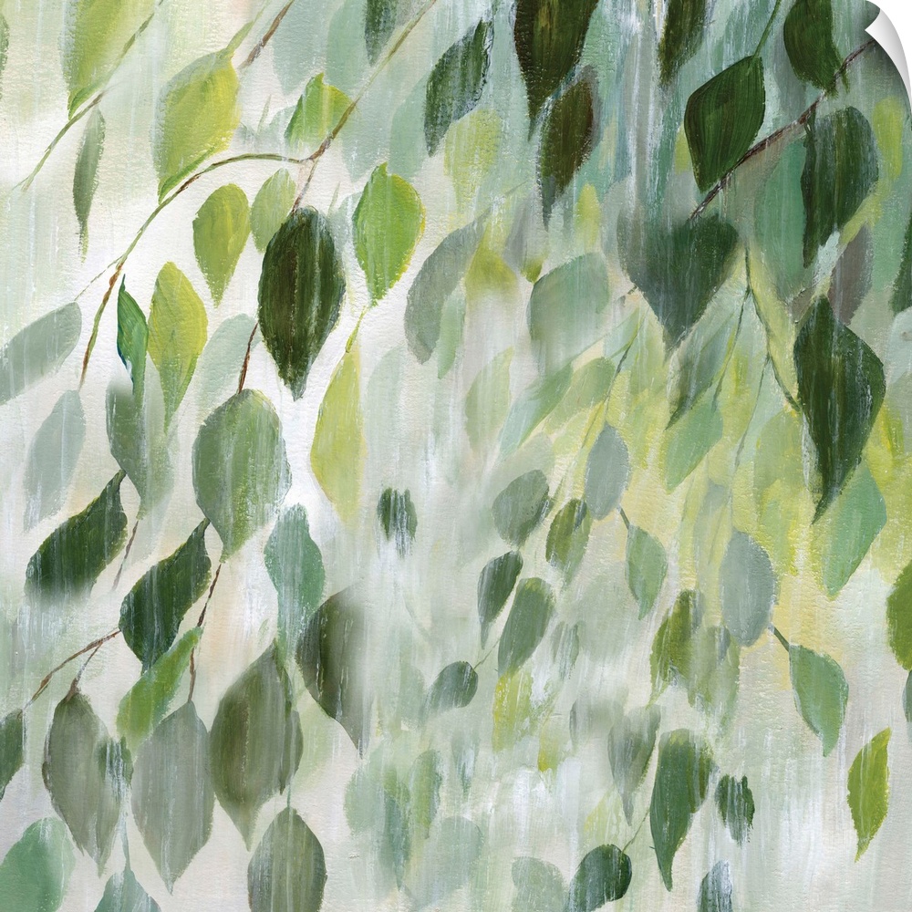 Square painting of leaves in shades of green with a white misty overlay on a white background.