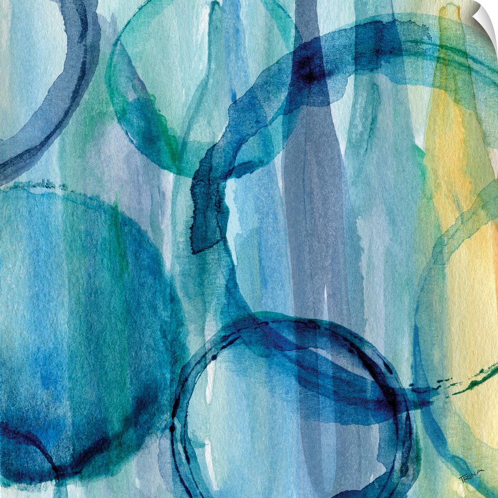 Contemporary watercolor painting of rich blue rings on a blue and yellow background.