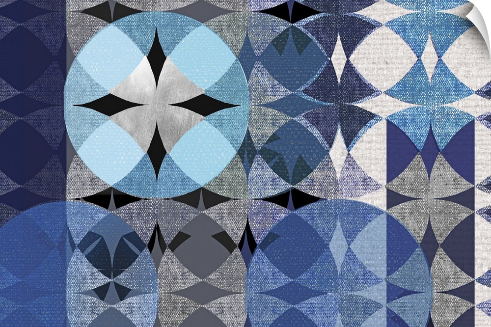 Abstract art with overlapping and repeating shapes and designs in shades of blue and grey resembling a modern quilt pattern.