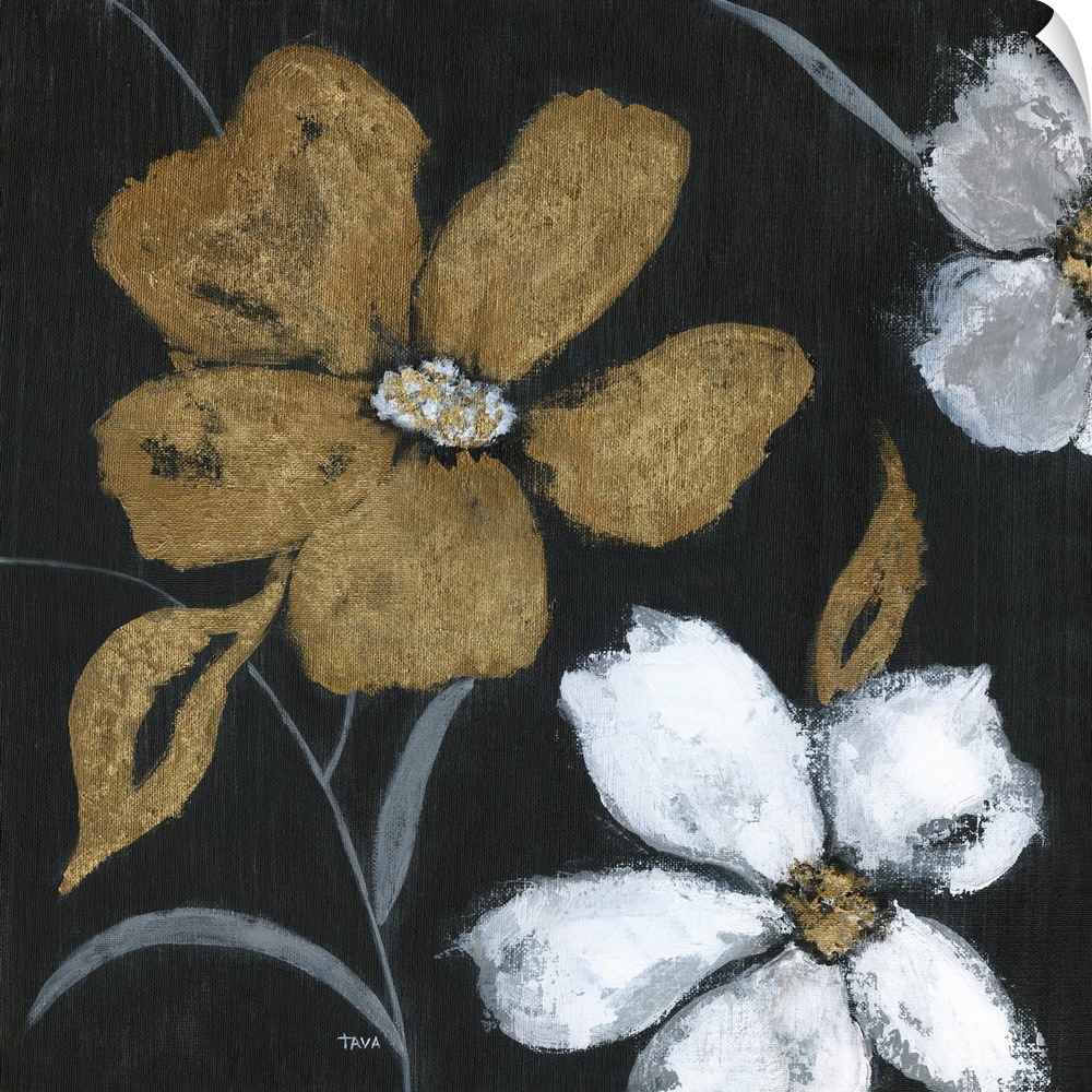 Flowers of a gold metallic color and white stand out against a black backdrop in this painting.