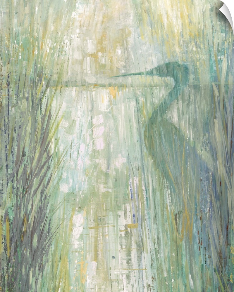 Contemporary painting of an egret on the marsh behind tall beach grass in pale green, blue, purple, and yellow hues.