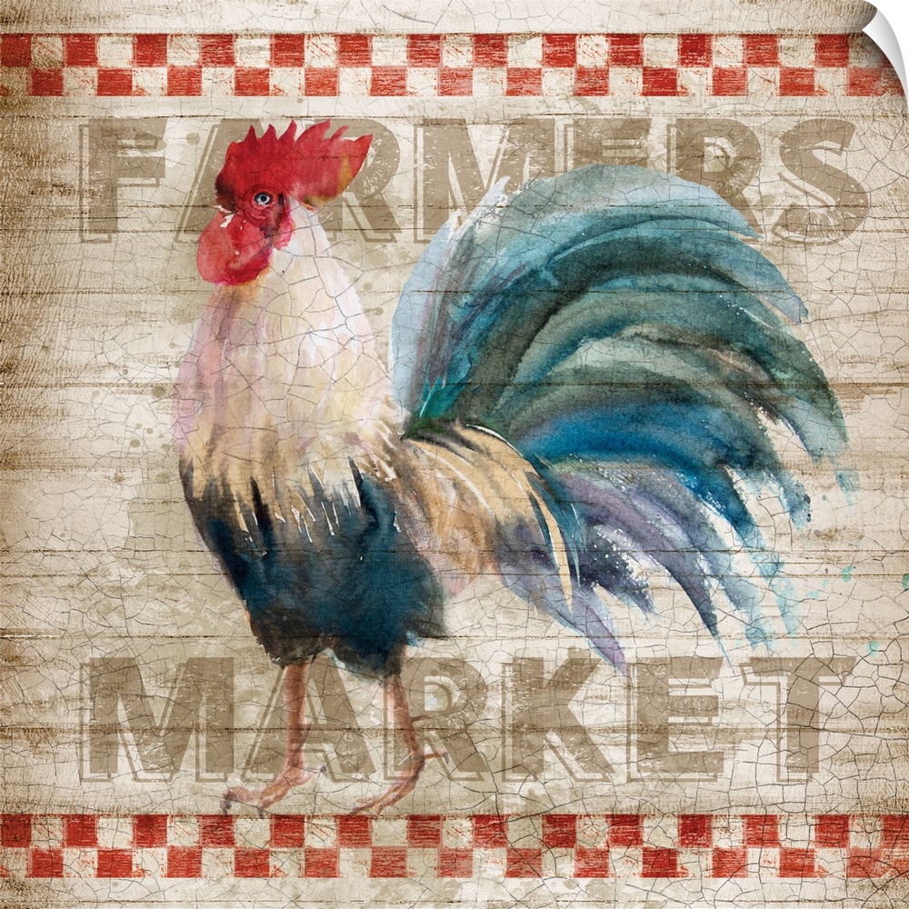 Square kitchen art with a watercolor rooster painted on a sign that reads "Farmers Market" in the background.