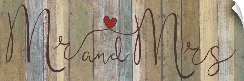 ?Mr and Mrs? painted in cursive on a multicolored wood background with a red heart connecting in the middle.�