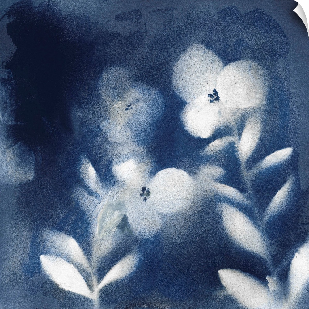 Square indigo painting of white silhouettes of flowers.