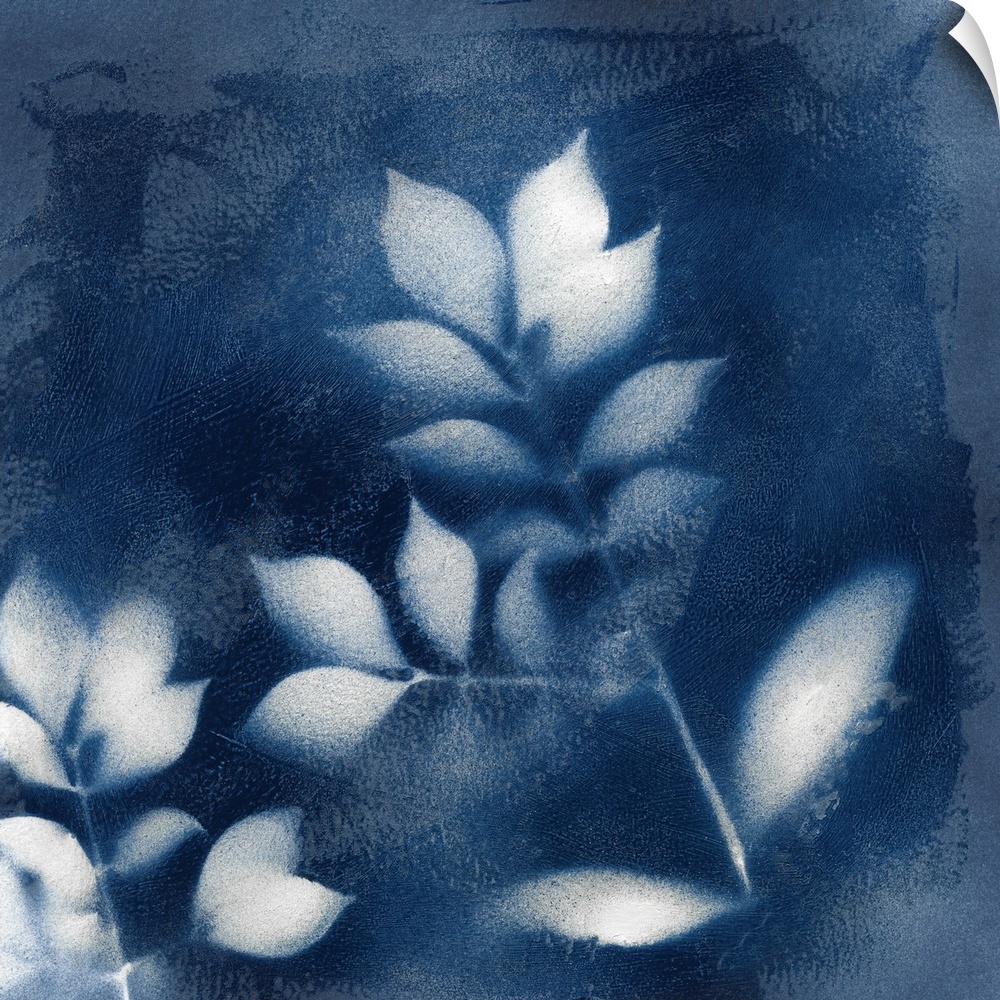 Square indigo painting of white silhouettes of leaves.
