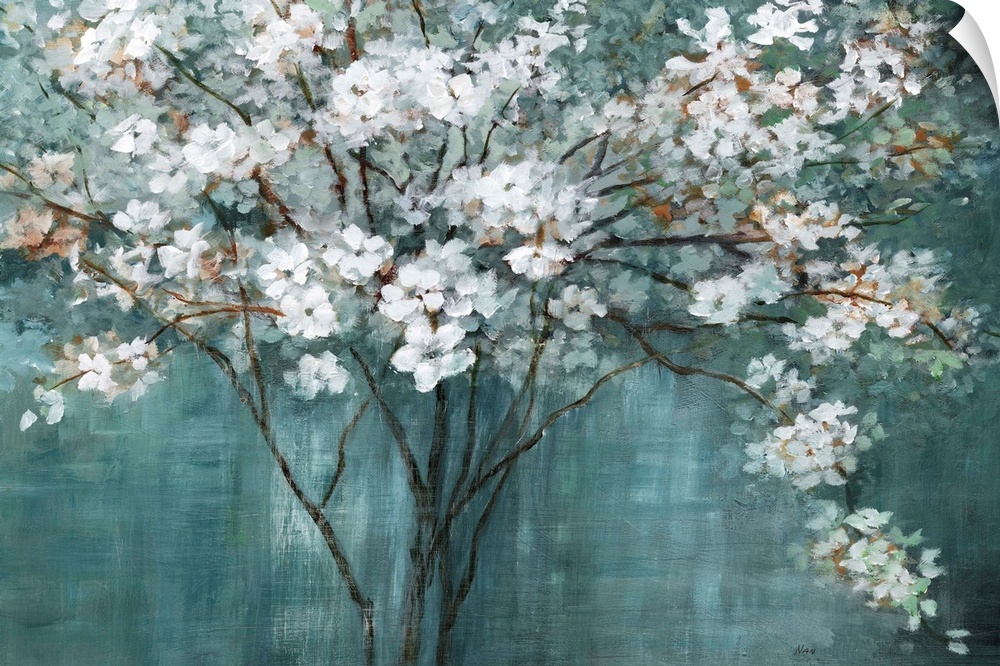 Contemporary painting of a thin limbed tree with white flower blossoms on a dark teal background.