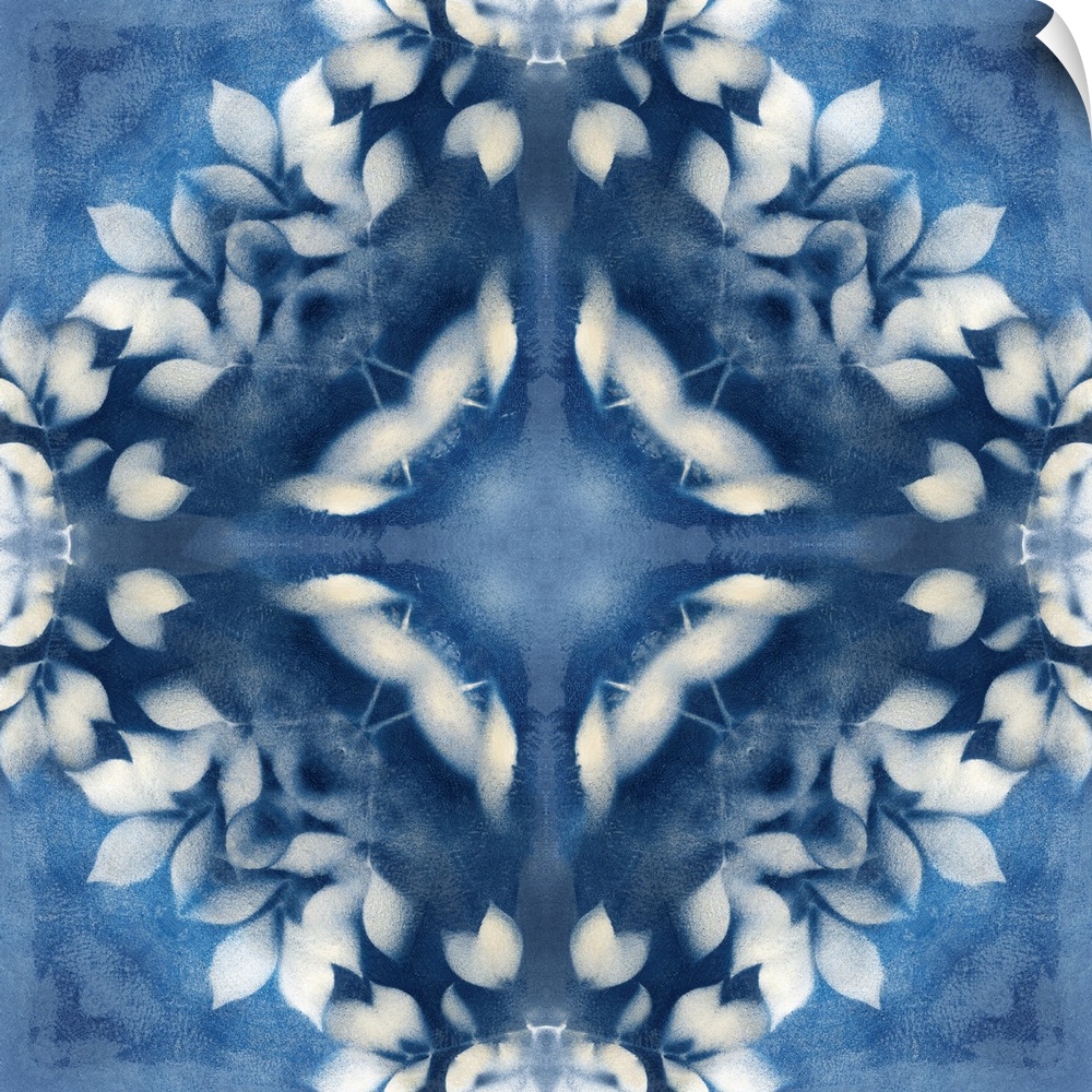 Square abstract art in navy blue and white hues with kaleidoscope-like patterns and designs.