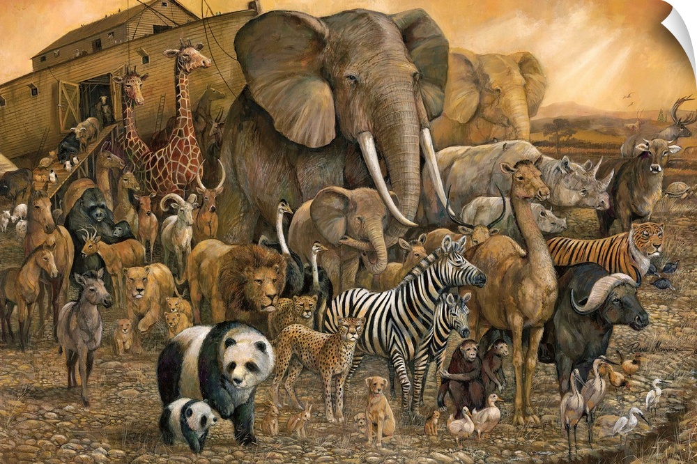 Painting of Noah's Ark and a large group of different animals in brown tones.