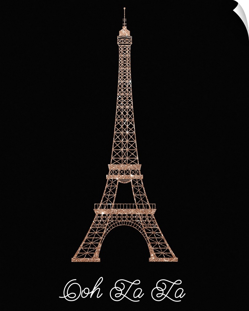 Sparkly rose gold Eiffel Tower illustration on a solid black background with the phrase "Ooh La La" written underneath in ...