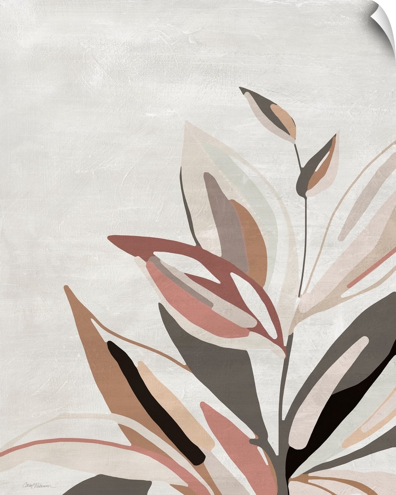 A beautiful and serene illustration of a flowering stem in shades of rust and olive green on a neutral grey background