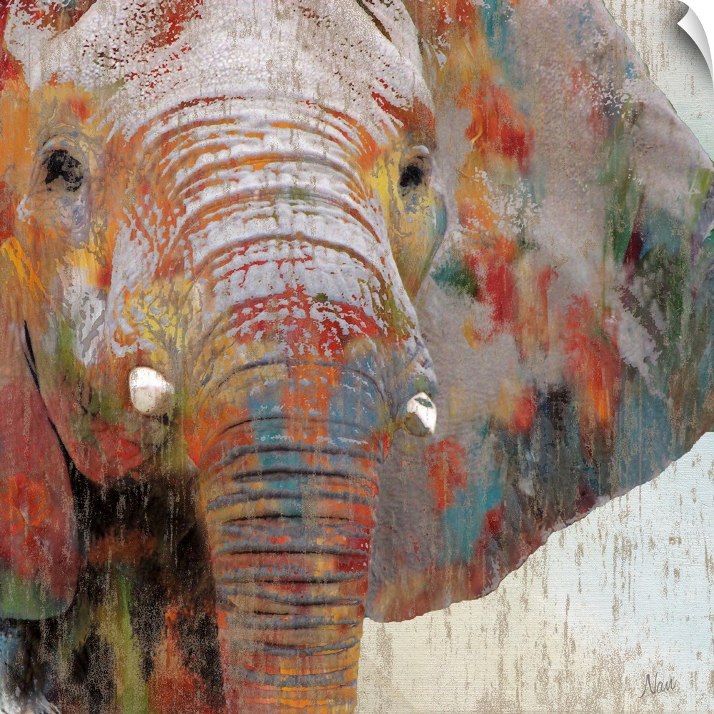 A close up of an elephant with paint splattered all over it.