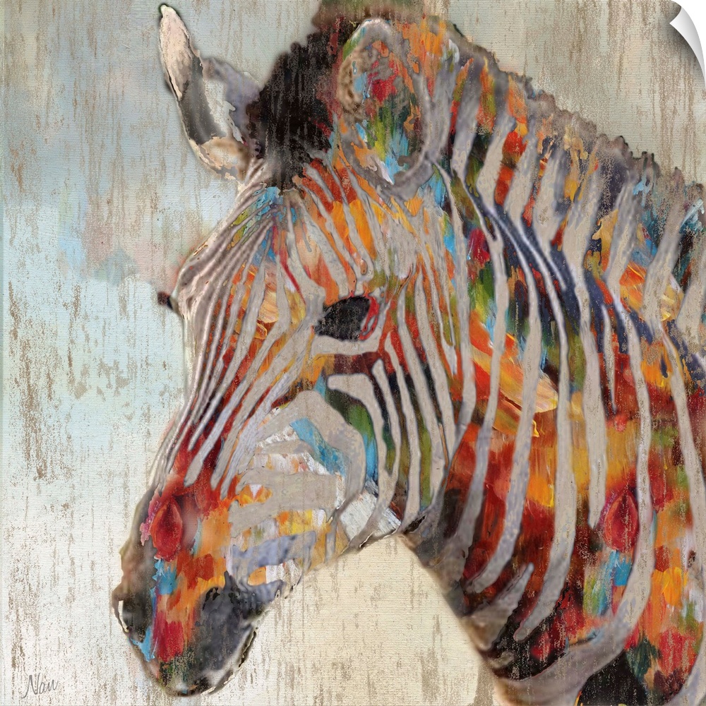 A close up of a zebra with paint splattered all over.