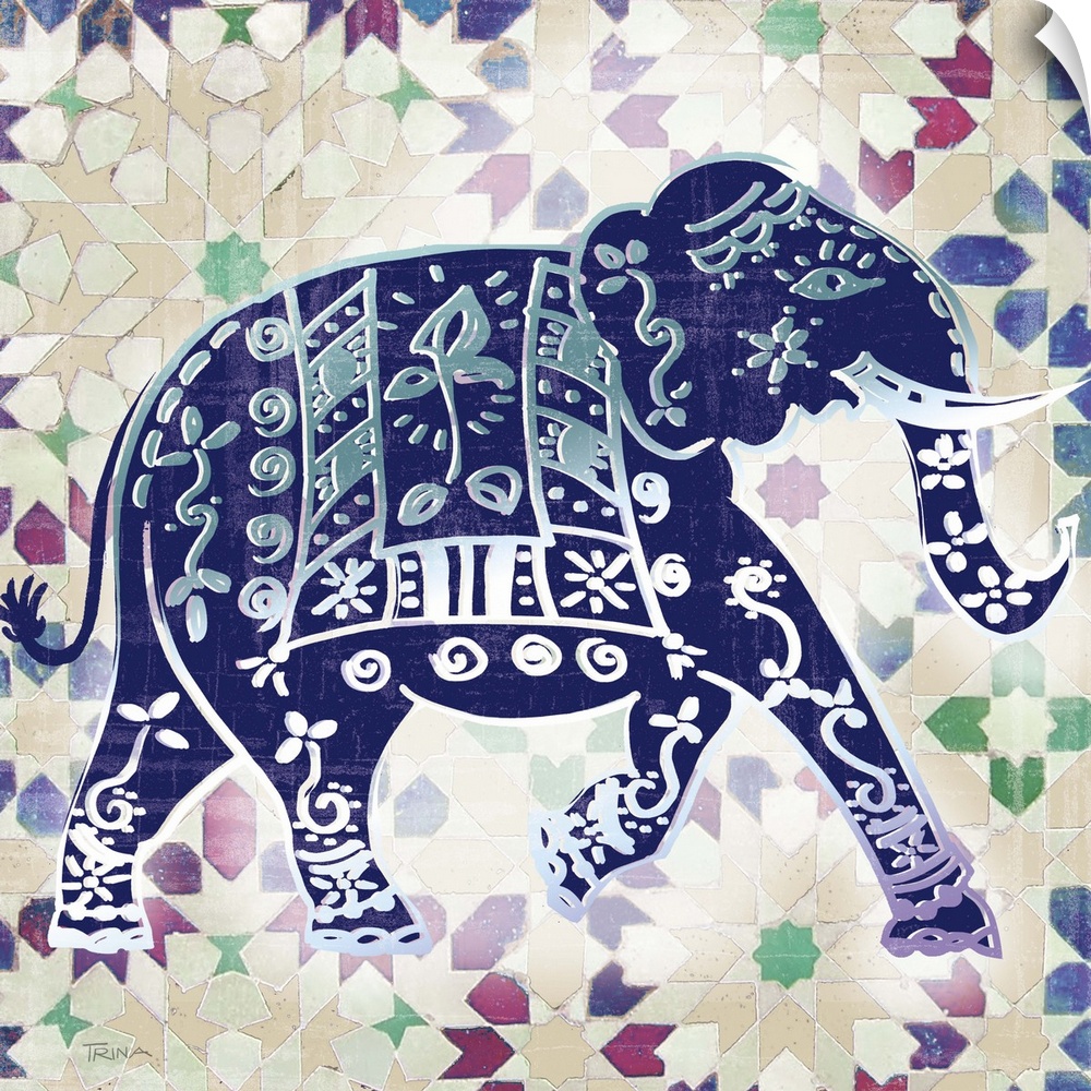 Square decor with an indigo elephant that has beautiful designs on top of a patterned background.
