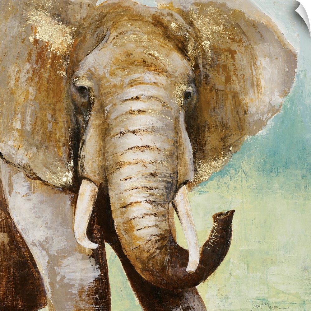 Square painting of an elephant in brown tones with metallic gold highlights, on a blue and green background.