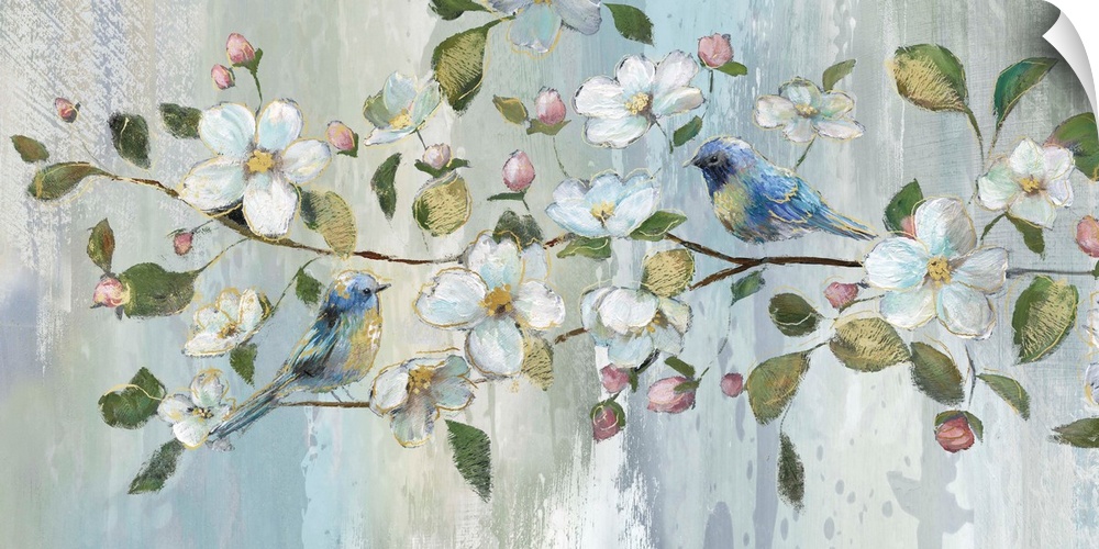 Contemporary painting of two blue birds perched on a branch with white flowers, pink flower buds, and green leaves with go...
