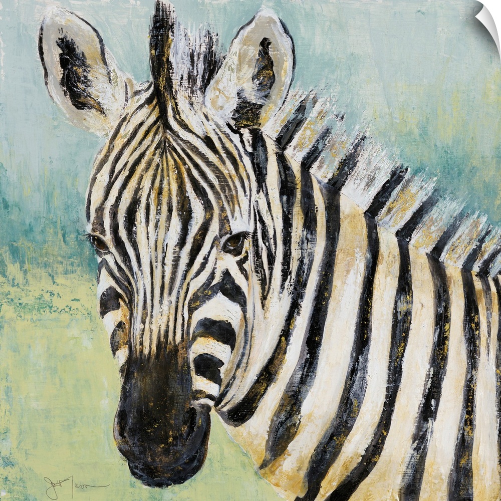 Square painting of a zebra with black and white stripes and gold shading and highlighting, on a blue and green background.