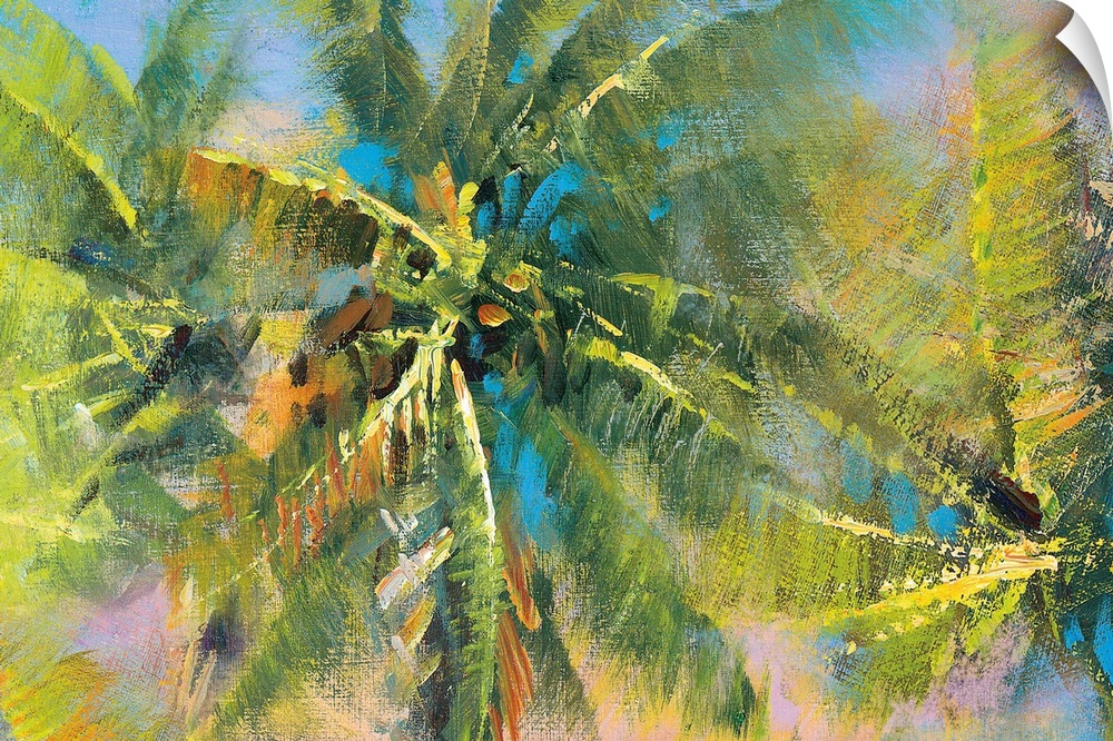 Contemporary painting of palm trees with an abstract style in shades of green, yellow, blue, orange, and pink.