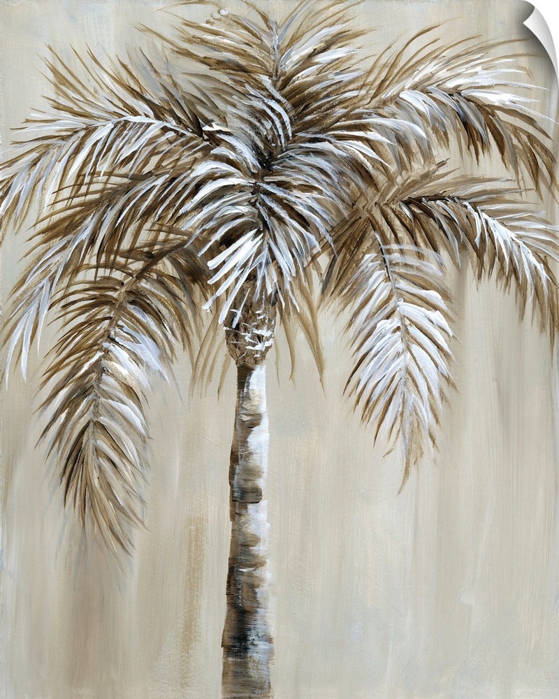 Contemporary painting of a single palm tree in brown and white tones.