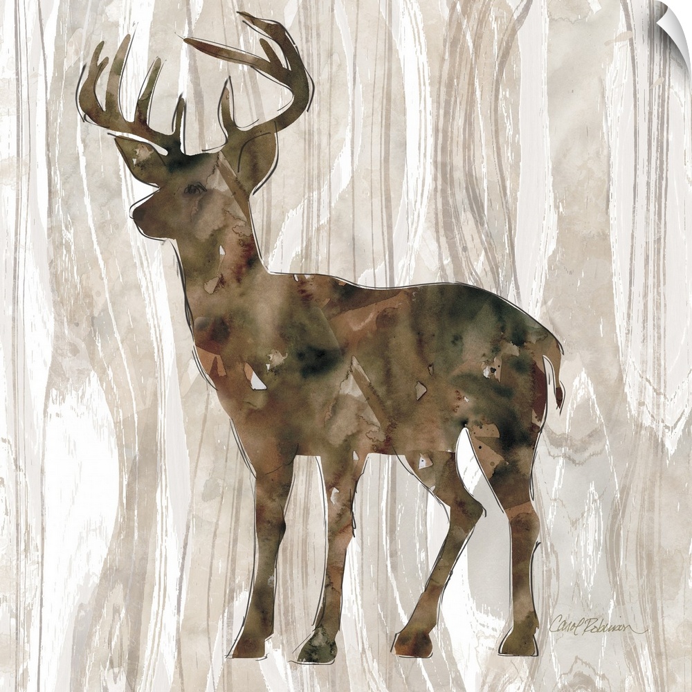 A watercolor painting of a deer on a wood patterned background.