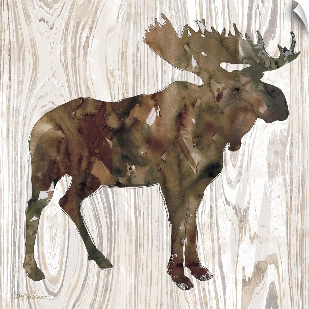 Watercolor silhouette of a moose on a wood-grain pattern.