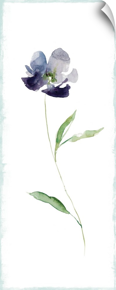 Tall watercolor painting of a single purple flower with a long green stem.
