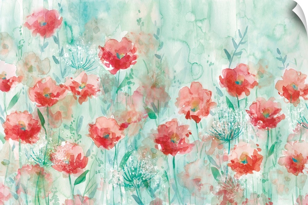 Large watercolor painting of a garden filled with poppy and queen anne flowers with a blue-green background.