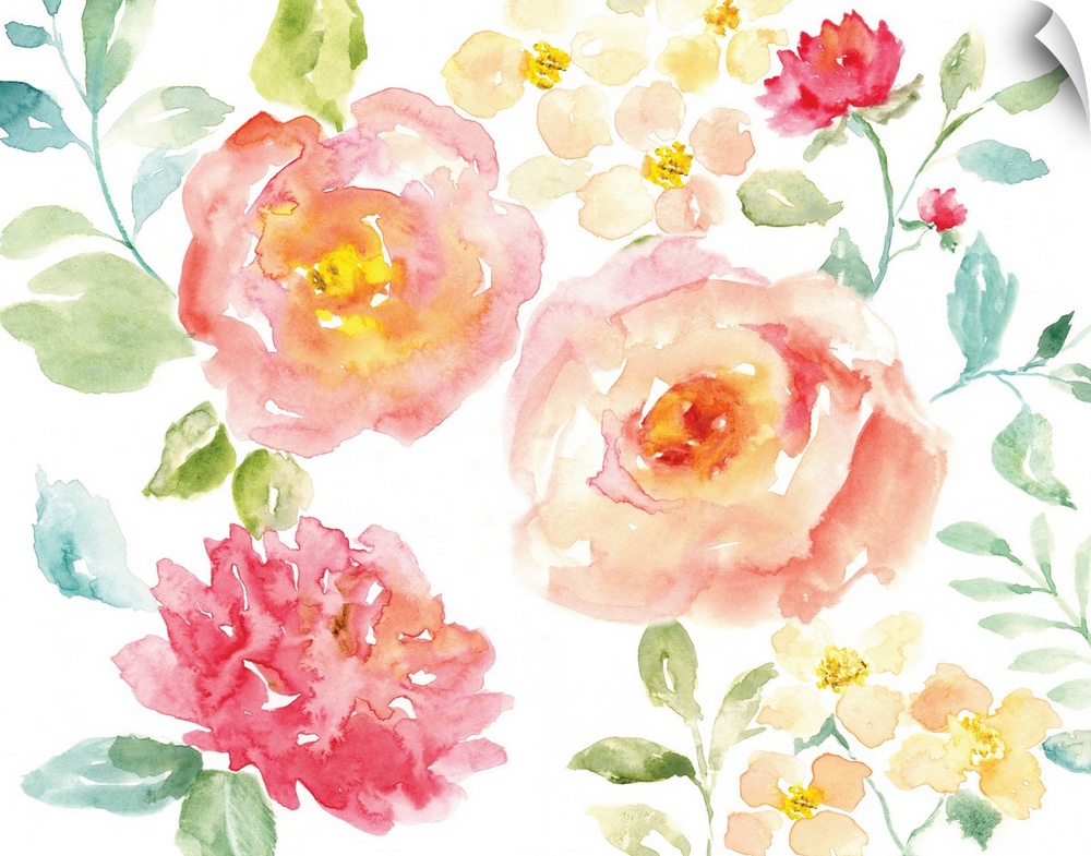 Large watercolor painting of pink flowers with green and blue toned leaves and stems on a white background.
