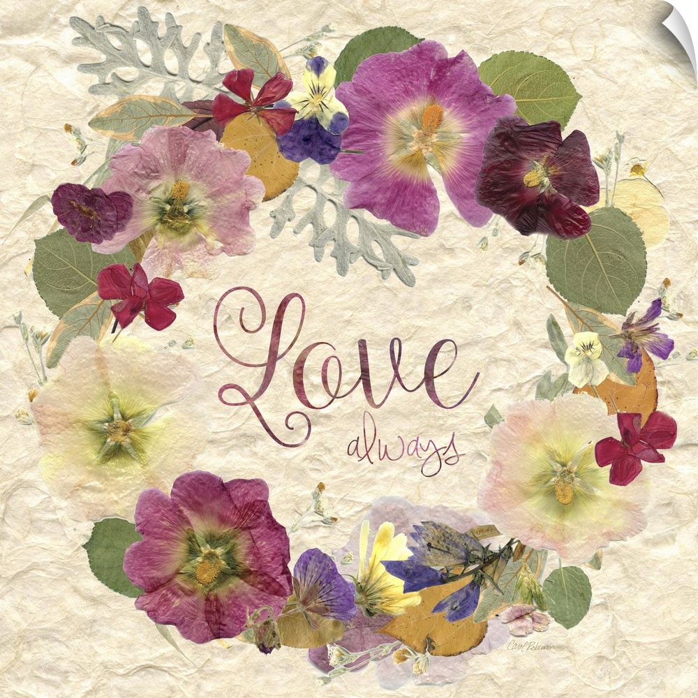 Square art with a wreath made of dried and pressed flowers with the phrase "Love Always" written in the center.