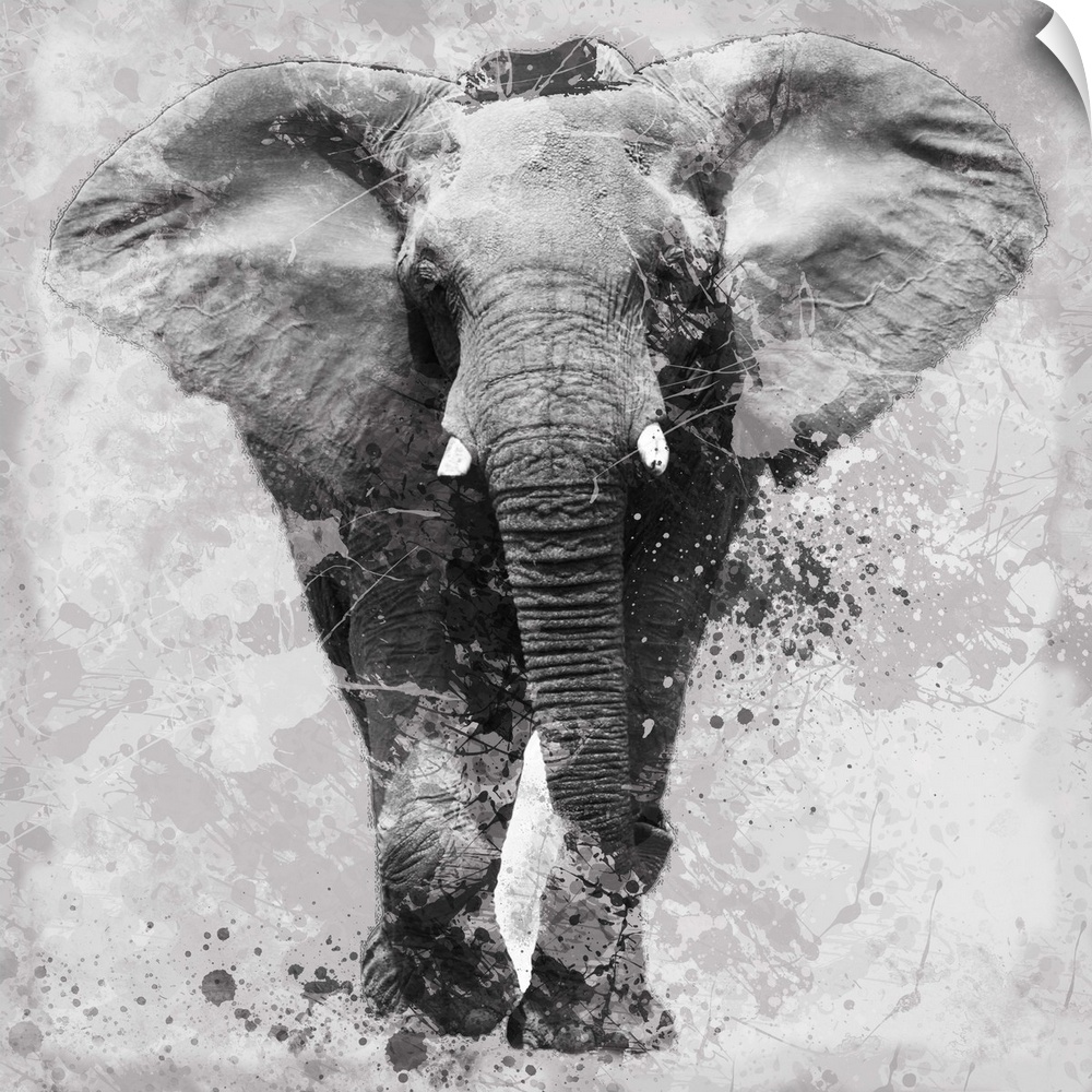 Contemporary artwork of an elephant against a textured looking background with an overall grungy and distressed look.