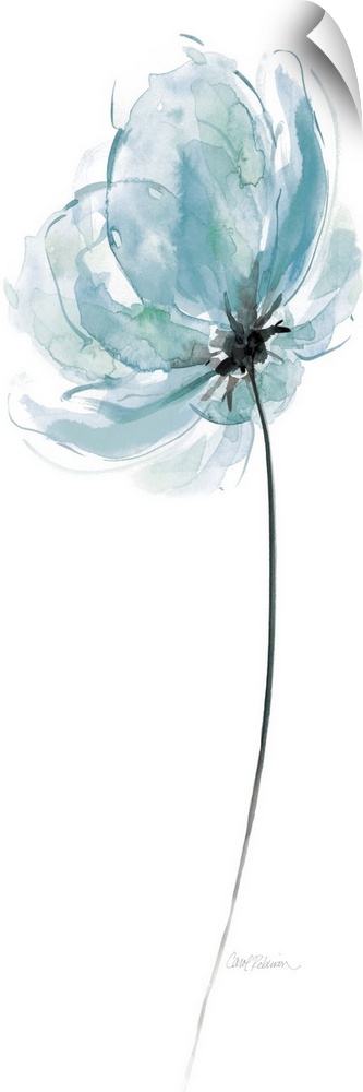 A watercolor painting of a single blue flower with hints of green and a black center and stem.