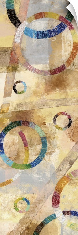 Large abstract painting created with rainbow circles and a background filled with neutral colors.