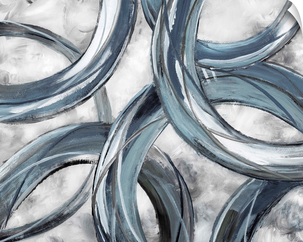 Partially hidden rings of blue and gray brush strokes are displayed against a light background in this abstract painting.