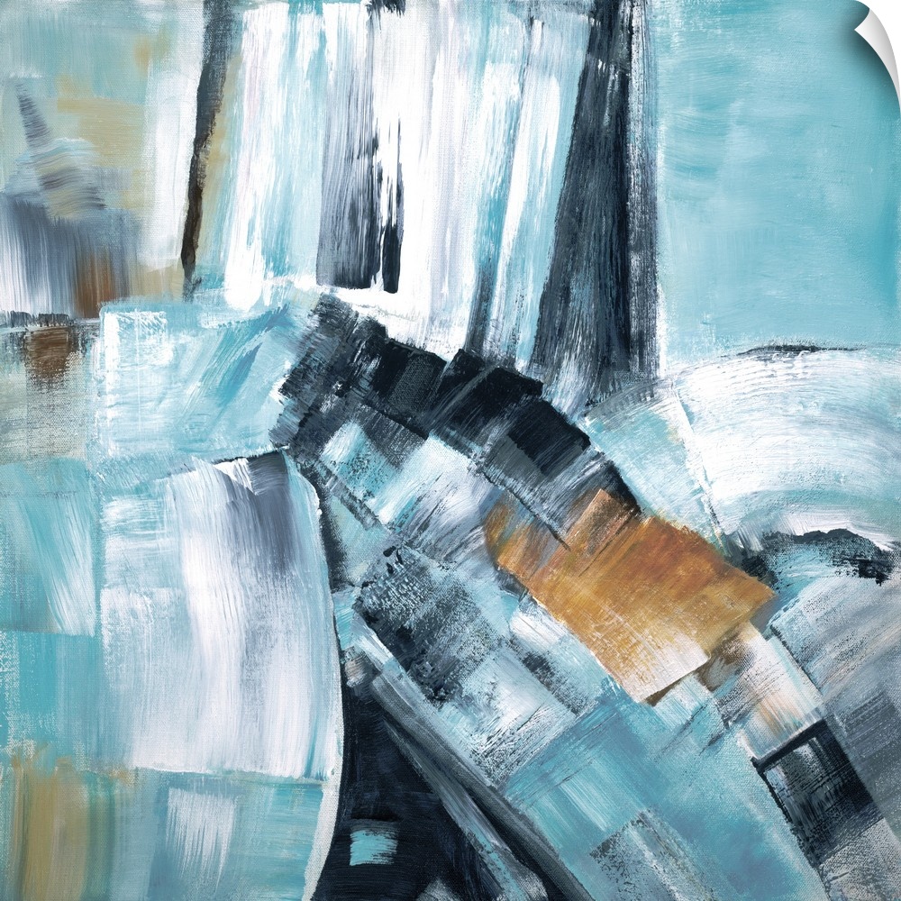 Busy square abstract painting in shades of blue, tan, and grey.