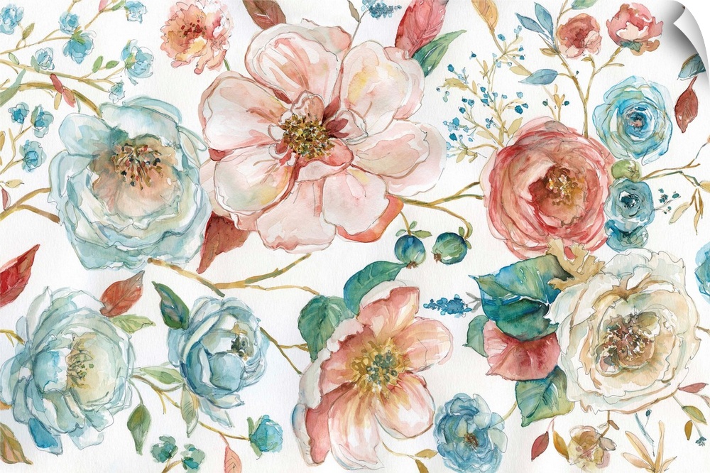 Large watercolor painting of flowers in pink and blue tones on a white background.