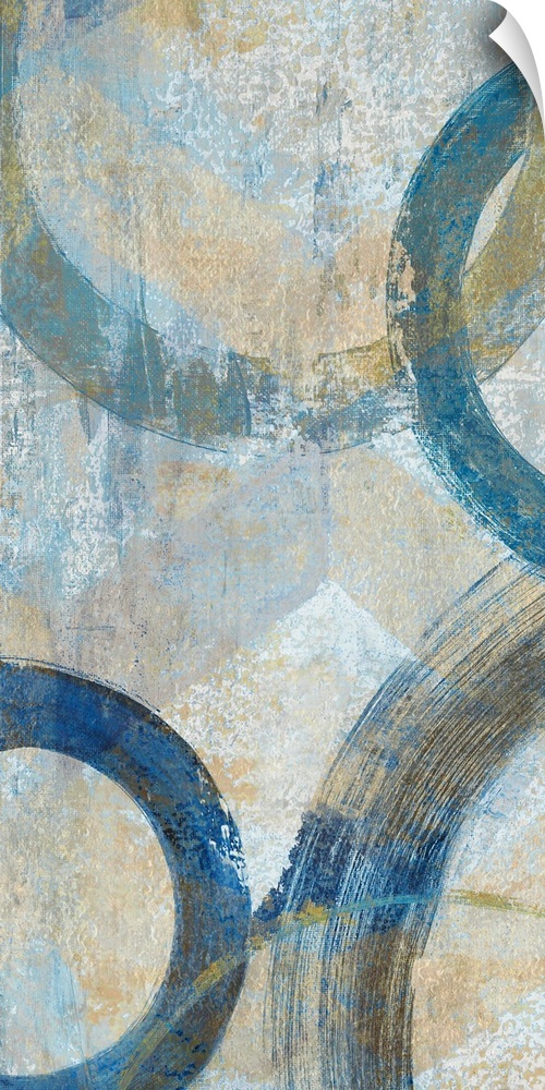 Abstract painting that has big blue circular outlines with hints of gold on a textured background.
