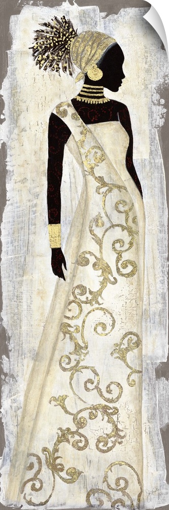 Large panel painting of a dark skinned woman with red paint designs on her chest and arms wearing a beautiful ivory dress ...