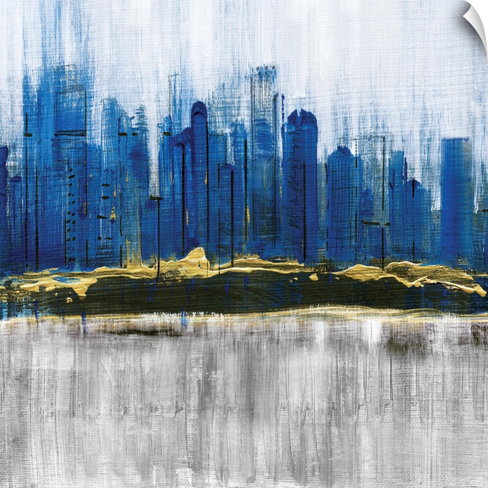 Square abstract painting of a city skyline in shades of blue with gold on a gray and white background.
