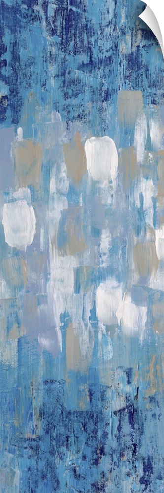 Contemporary abstract painting in blue with white and grey shapes in the center.