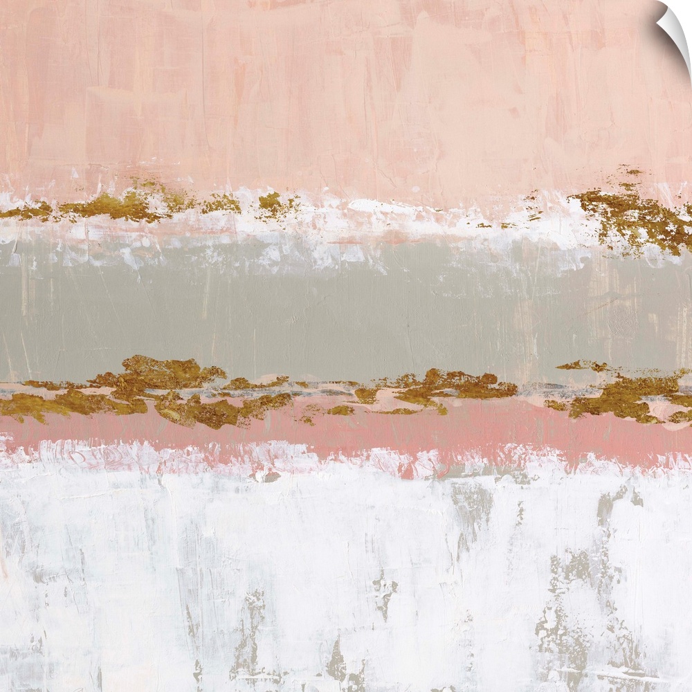 Square abstract artwork made with horizontal sections in pale pink, gray, white, and metallic gold hues.