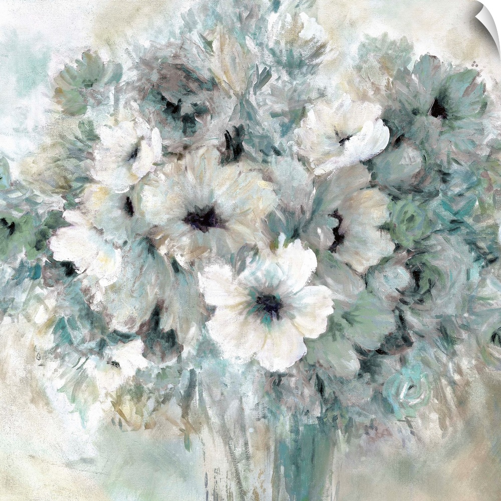 A contemporary still life painting of a bouquet of cool toned flowers in a vase.