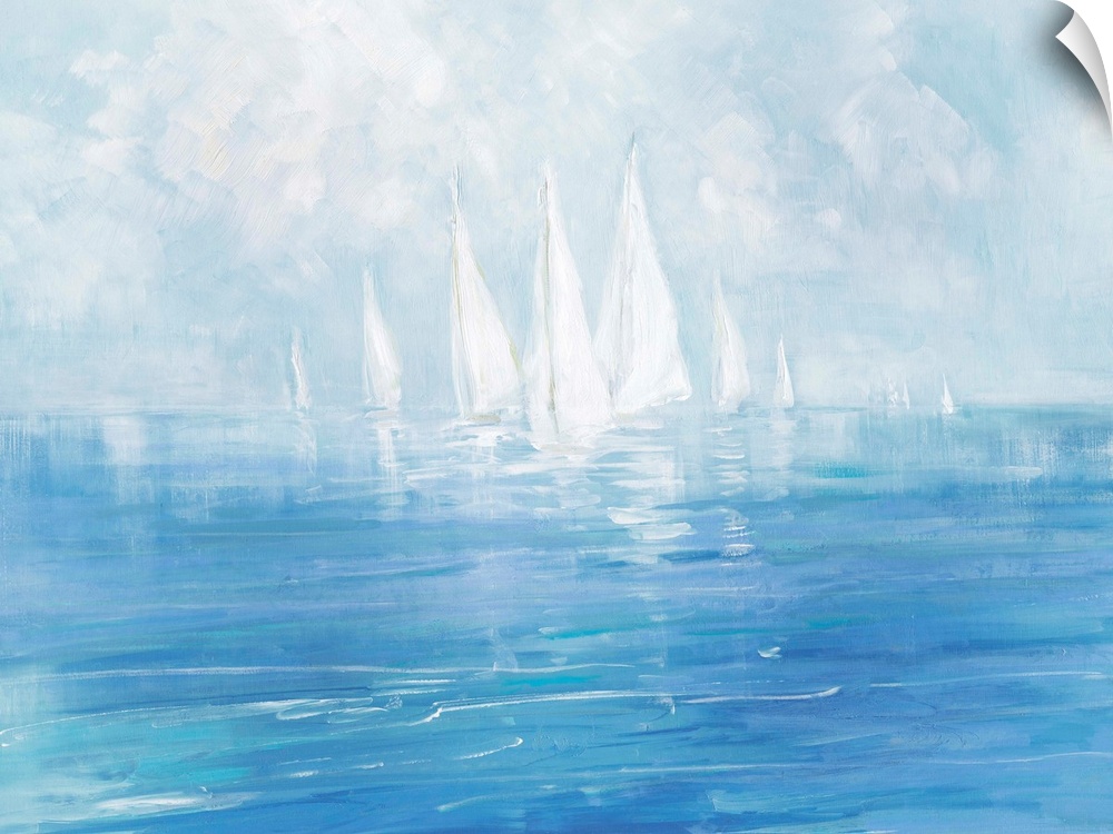 Distinguishable brush strokes of various blues and whites create this serene painting of sailboats on water.