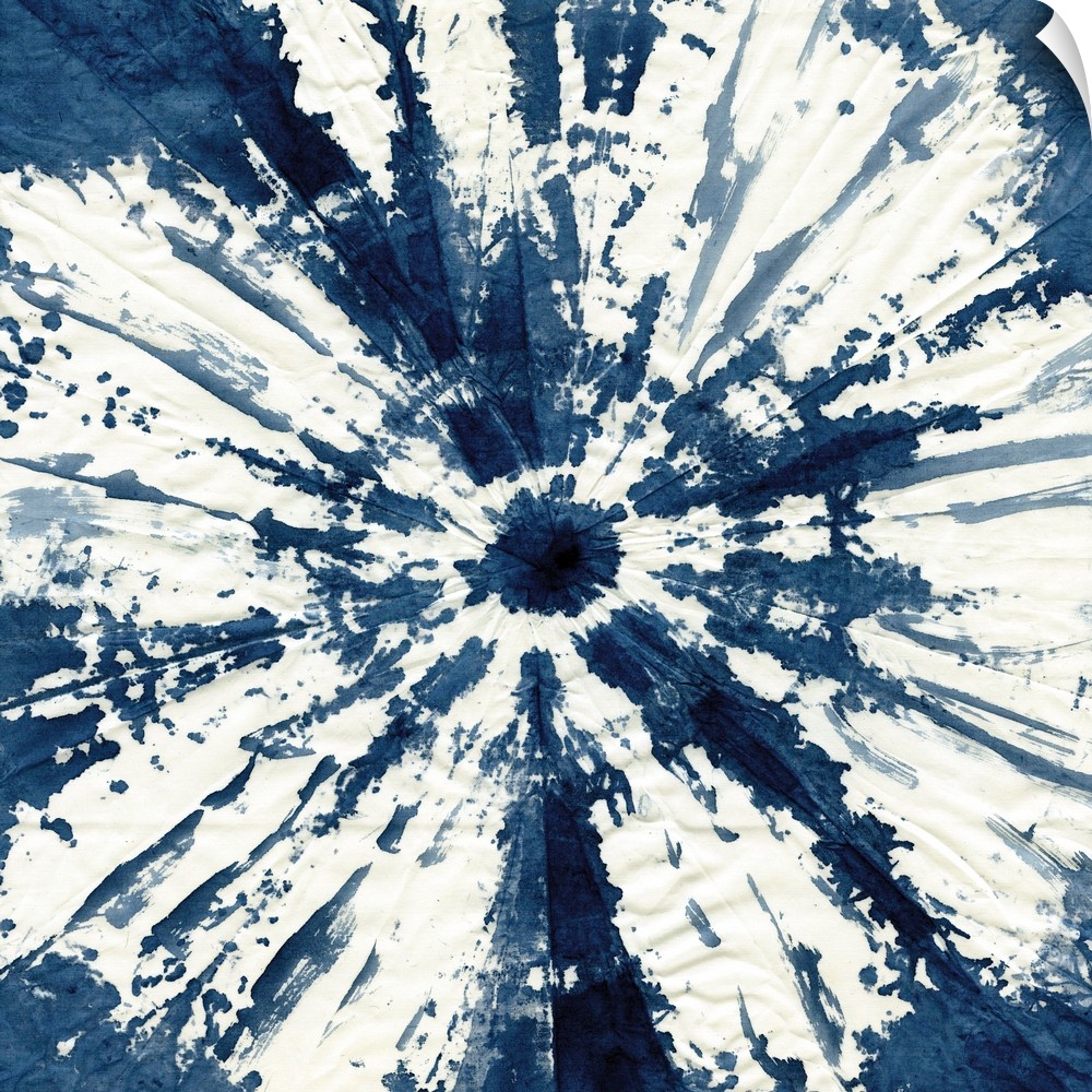 Square shibori art with a circular swirl in indigo and white.