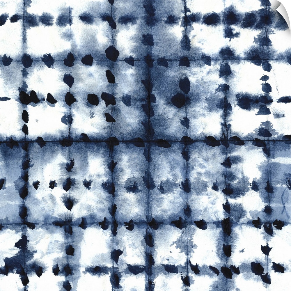 Square shibori art with a pattern in indigo and white.