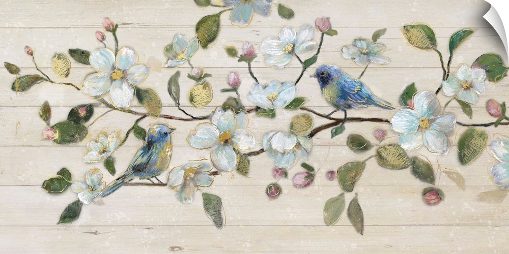 A painting of two birds sitting on a branch surrounded by white flowers on a shiplap background.